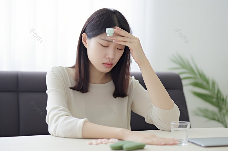 长发女子因感冒抚摸着额头,高清,摄影图,摄影图片,图片大全,摄影图免费下载